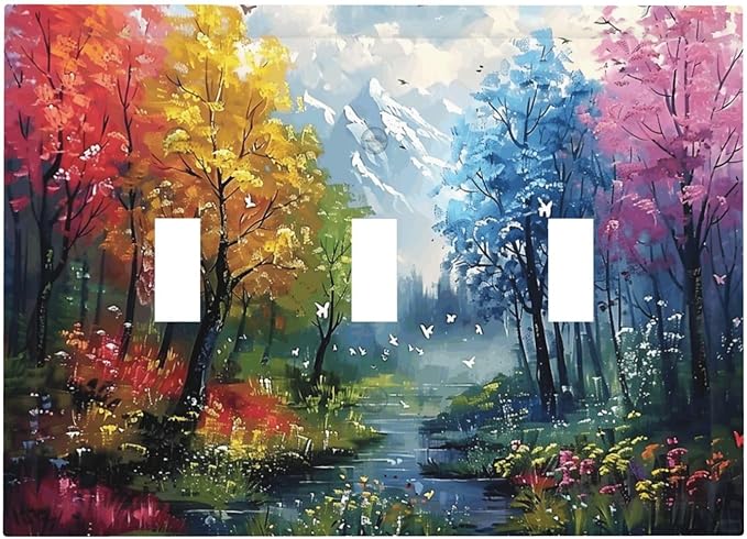 Colorful Forest Snow Mountain River Oil Painting Style Decorative Switch Plates 3 Gang Wall Plate Triple Toggle Light Switch Cover Faceplate Electrical Wall Panels for Bedroom Living Room Decor