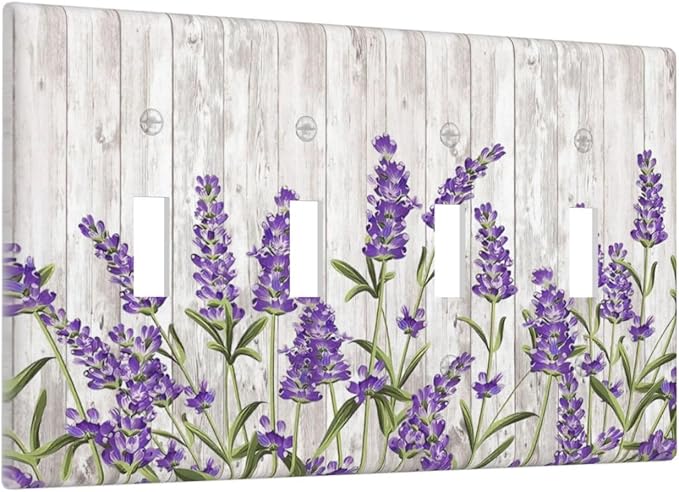 Purple Lavender Rustic Wooden Flowers Floral Plant Light Switch Covers Quad Toggle Electrical Faceplate 4 Gang Wall Plate Decorative Switch Plates Cover for Farmhouse Living Room Decor