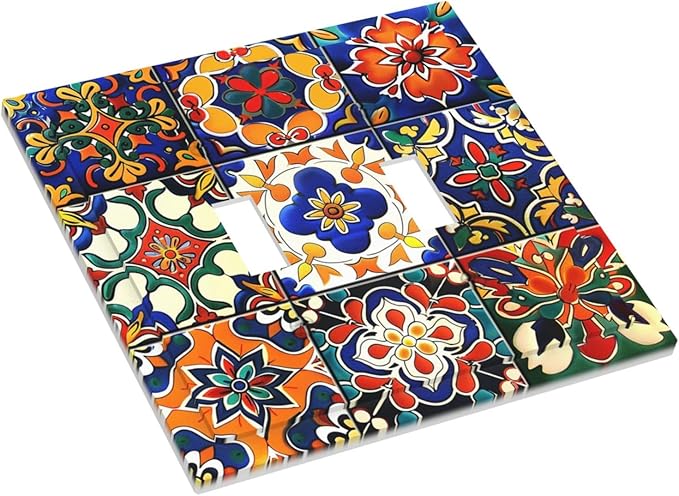 Decorative Switch Plates Colorful Mexican Talavera Vintage Boho Floral 2 Gang Double Toggle Outlet Light Switch Cover Wall Plate Electrical Faceplate For Farmhouse Cabin Decor