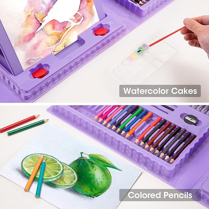 VigorFun Art Supplies, 240-Piece Drawing Art Kit, Gifts for Girls Boys Teens, Art Set Crafts Case with Double Sided Trifold Easel, Includes Sketch Pads, Oil Pastels, Crayons, Colored Pencils (Purple)