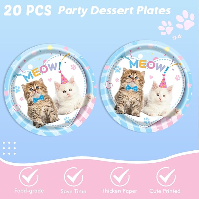 41Pcs Cat Party Supplies - Kitten Birthday Party Table Decorations Include 20 Paper Plates, 20 Napkins and 1 Tablecloth