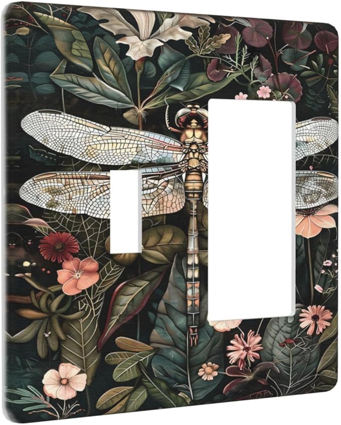 Vintage Dark Green Dragonfly Flowers Floral Botanical Outlet Covers 1 Toggle 1 Rocker Combination Decorative Wall Plate Electrical Switch Plates Light Switch Cover Plate for Farmhouse Home Decor