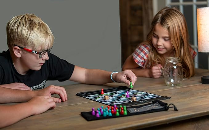 Ludo and Snakes & Ladders 2-in-1 Set, Compact Travel-Friendly Folding Boards, Wooden Pieces & Dice, Portable Family Game