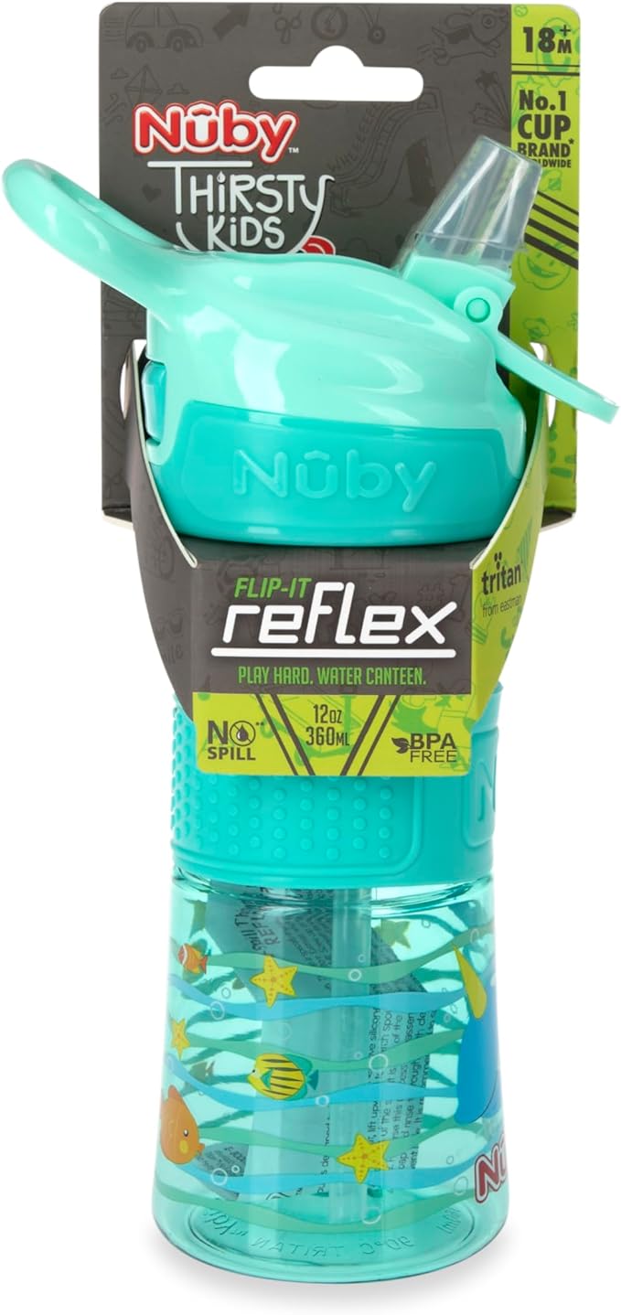 Nuby Thirsty Kids Push Button Flip-it Soft Spout on The Go Water Bottle with Easy Grip Band, 12oz, Narwahl