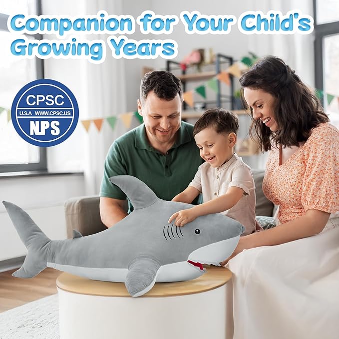 MorisMos 39inch Giant Shark Stuffed Animal, Large Stuffed Shark Plush Toys Pillow Gift for Kids Girlfriend, Gray