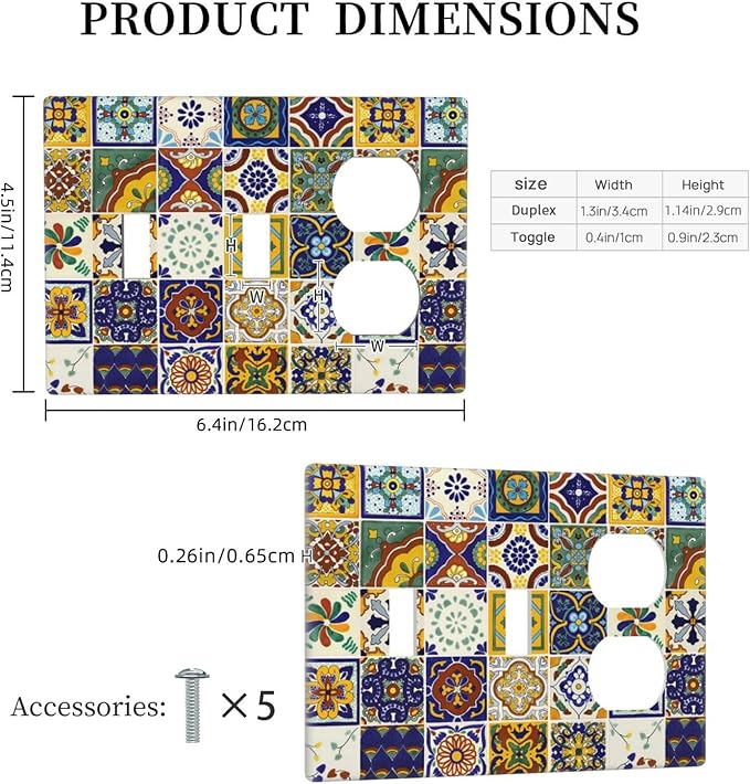 Yellow Mexican Moroccan Sun Tile 3-Gang 2-Toggle 1-Duplex Receptacle Combination Light Switch Decorative Triple Combo Device Switches/Rocker Outlet Covers and Wall Plate