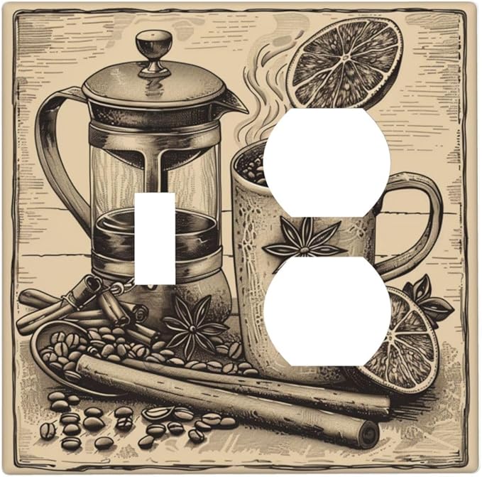 Light Switch Cover Plate Beige Vintage Rustic Coffee Beans Spice 2 Gang Decorative Switch Plates 1 Toggle Duplex Combo Outlet Covers GFCI Wall Plates for Kitchen Coffee Bar Decor