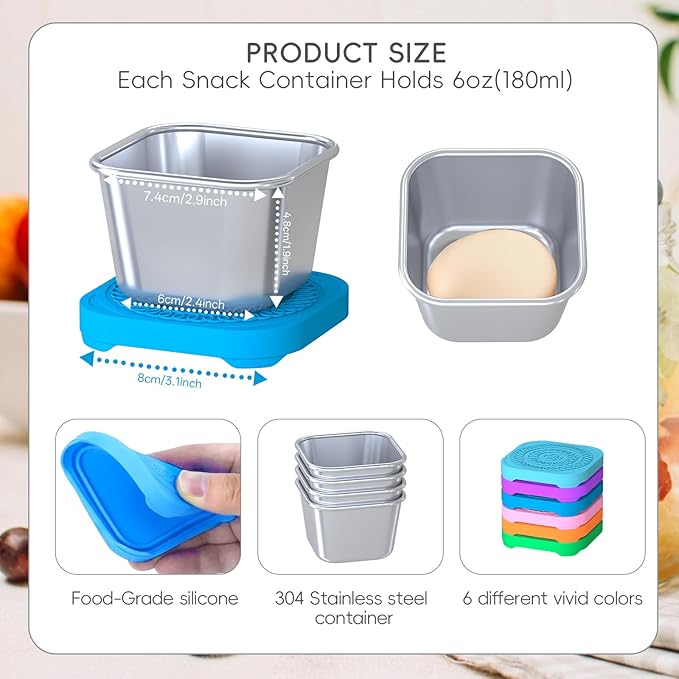 8Pack 6oz Stainless Steel Snack Containers for Kids, Leak Proof Small Food Storage Container with Silicone Lid, Easy Open Leak Proof Stainless Steel Food Storage Containers with Silicone Lids