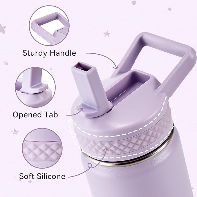 Fijinhom 12 oz Kids Water Bottle, Toddler Water Bottle with Straw, Boys&Girls Bottle for School, 304 Stainless Steel Vacuum Insulated Bottle for Kids, BPA-Free, Leak-Proof, Lilac