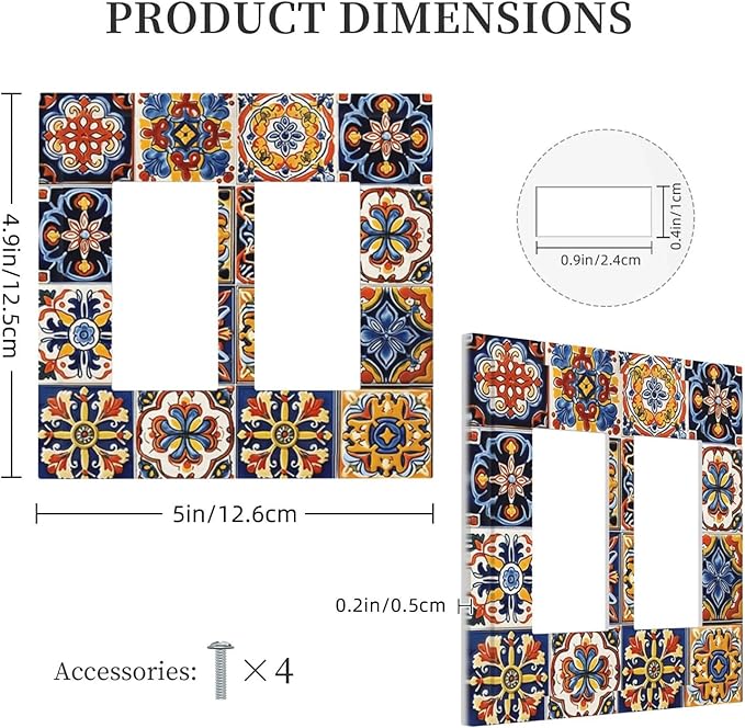 Mexican Talavera Tiles Flower Vintage Decorative Outlet Covers 2 Gang Double GFCI Rocker Electrical Wall Panels Light Switch Cover Plate for Kitchen Bathroom Decor