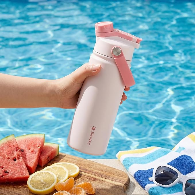 KEWIXY 18 oz Insulated Water Bottle with Straw, 2-in-1 Lid, Straw & Spout, Leak Proof, Cup Holder Fit, Stainless Steel with Handle, Reusable, Metal, for Travel, Gym and School (Pale Pink)