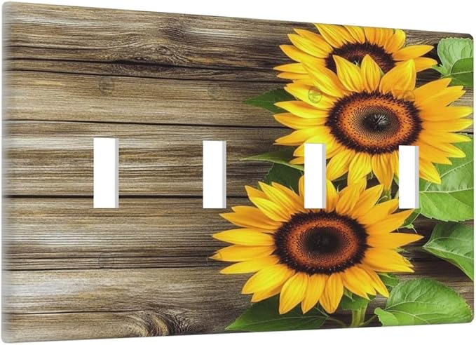 Light Switch Covers Sunflowers Rustic Wood Quad Toggle Electrical Faceplate 4 Gang Wall Plate Decorative Switch Plates For Farmhouse Cabin Decor