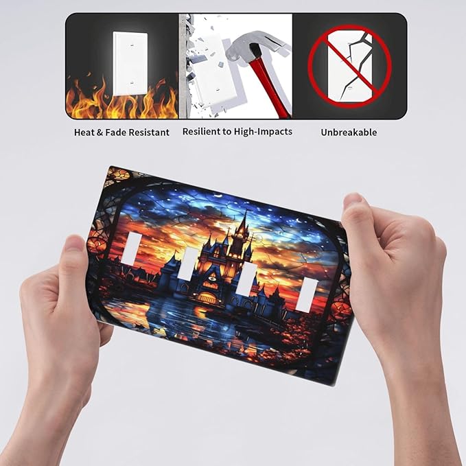 Medieval Fantasy Castle Magic Academy Light Switch Covers Quad Toggle Electrical Faceplate 4 Gang Wall Plate Decorative Switch Plates Cover for Kids Room Bedroom Decor