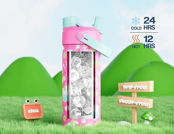 POWCAN 2 Pack 18 oz Insulated Water Bottle for School: Leakproof, 2-in-1 Straw Spout Lid, BPA-Free, Keep Cold 24 Hrs, Stainless Steel Cup for Sports, Trip, Gift (Cute Unicorn & Strawberry Daisy)