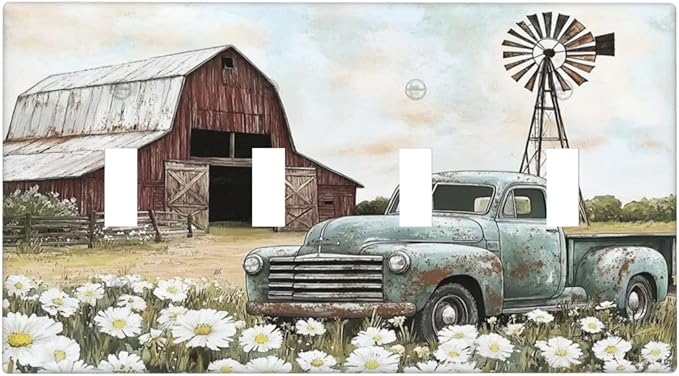 Retro Trucks Old Barn Windmill Teal Car Rustic Light Switch Covers Quad Toggle Electrical Faceplate 4 Gang Wall Plate Decorative Switch Plates for Farmhouse Home Decor