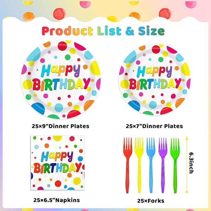 100 PCS Happy Birthday Paper Plates Napkins and Forks Set Serve 25, 9 Inches and 7 Inches Colorful Polka Dots Cake Dessert Plates Disposable Dinnerware Tableware Decor for Dinner Bday Party Supplies