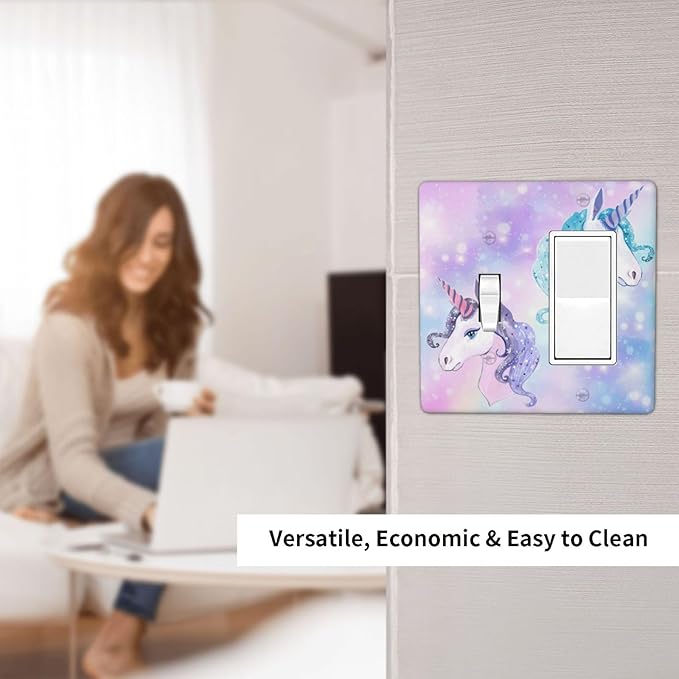 Girl Purple Pink Rainbow Blue Unicorn 2 Gang Single Toggle/Decorator Combination Light Switch Cover Decorative Combo 1-Toggle/1-GFCI/Rocker Wall Plate Cover