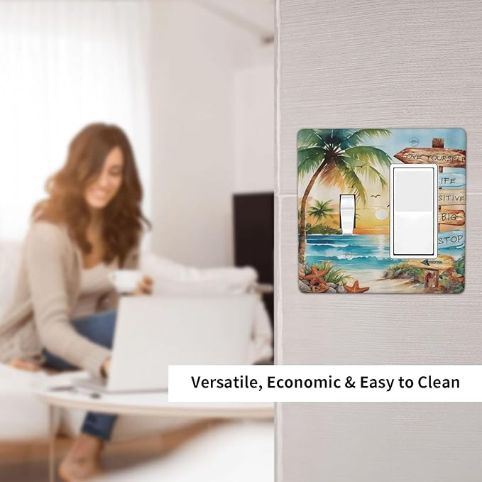 Tropical Beach Palm Tree Summer Coastal Ocean Sunset Outlet Covers 1 Toggle 1 Rocker Combination Decorative Wall Plate Electrical Switch Plates Light Switch Cover Plate for Bedroom Living Room Decor