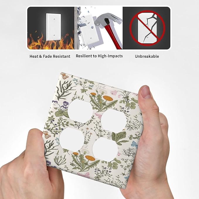 Outlet Covers Boho Floral Vintage Flowers Plants 2 Gang Decorative Light Switch Cover Double Duplex Wall Plates Switch Plates Electrical Socket Covers for Bathroom Bedroom Decor