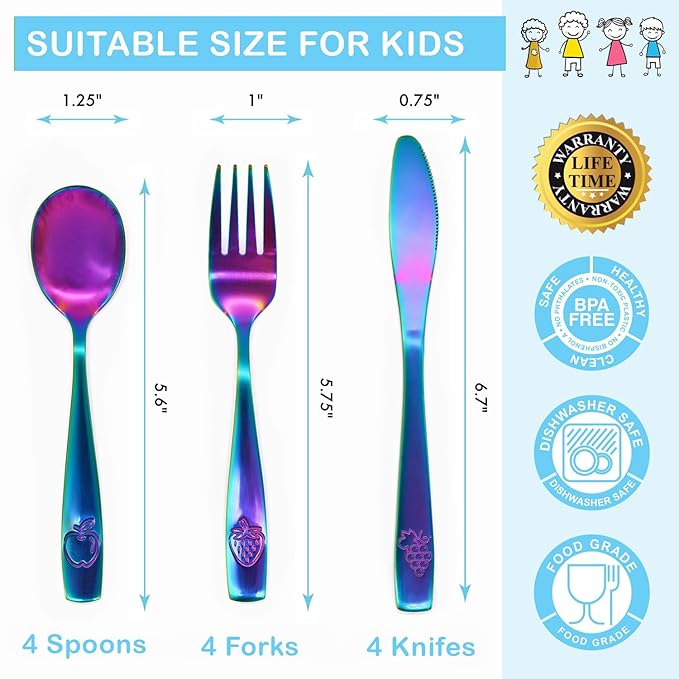12 Piece Stainless Steel Kids Silverware Set - Child and Toddler Safe Flatware - Kids Utensil Set - Metal Kids Cutlery Set Includes 4 Small Kids Spoons, 4 Forks & 4 Knives - UV Rainbow