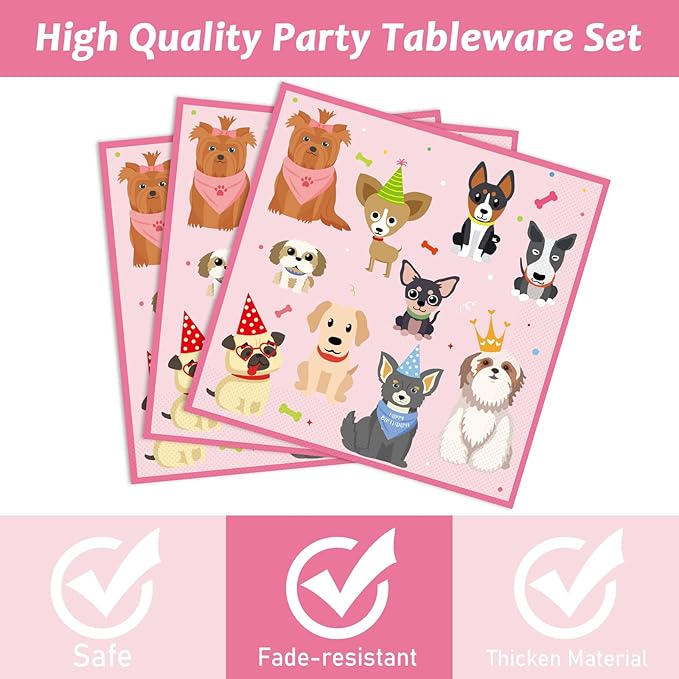 41PCS Pink Dog Birthday Party Decorations Set Puppy Party Supplies Including Dog Girl Party Plates Napkins Tablecloth Serves 20 Guests for Dog Birthday Parties Decorations