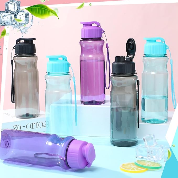 Ziliny 24 Pcs 17 oz Plastic Water Bottles Bulk Large Reusable Leak Proof Flip Top Sports Gym Water Bottles with Handle Strap for Kids and Adults for Summer School Travel