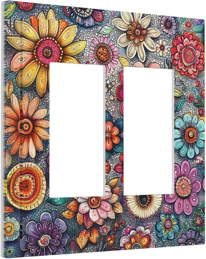 Decorative Outlet Covers Colorful Rainbow Pointillisme Flower 2 Gang Double Gfci Rocker Electrical Wall Panels Light Switch Cover Plate For Bed Room Home Decor