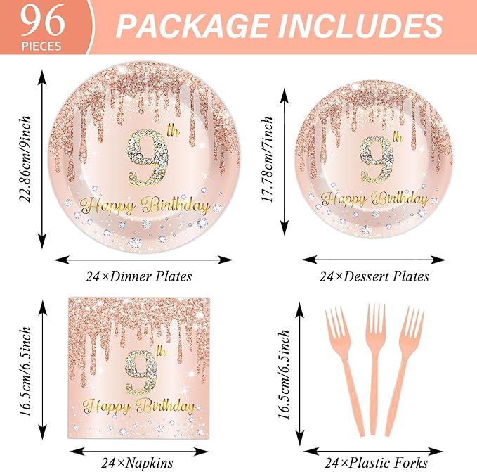 96 Pcs Rose Gold 9th Birthday Party Plates and Napkins for Girls Rose Gold Party Supplies Pink Happy 9 Years Birthday Party Tableware Set for 24 Guests Party Decorations