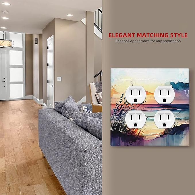 Decorative Outlet Covers Watercolor Sunset Beach Nature Coastal Seascape 2 Gang Wall Plate Double Duplex Light Switch Cover Switch Plate Covers Faceplate for Bedroom Home Decor