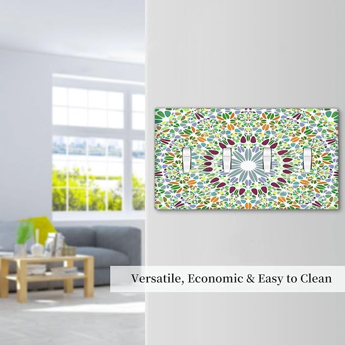 Mandala Flower Abstract Round Mosaic Floral Light Switch Covers Quad Toggle Electrical Faceplate 4 Gang Wall Plate Decorative Switch Plates for Bedroom Living Room Decor