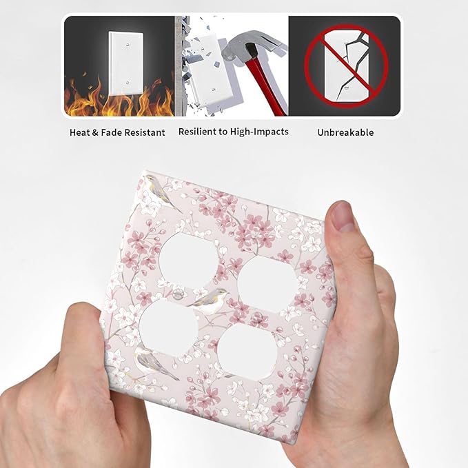 Pink Sakura Cherry Blossom Vintage Bird Floral Flower Outlet Covers 2 Gang Double Duplex Decorative Light Switch Covers Electrical Wallplates Socket Faceplate for Bedroom Living Room Decor