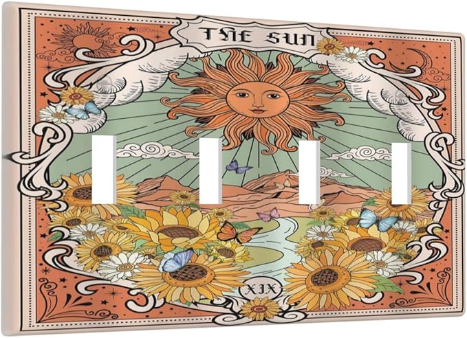 Boho Retro Sun Sunflower Vintage Flower Butterfly Light Switch Covers Quad Toggle Electrical Faceplate 4 Gang Wall Plate Decorative Switch Plates for Farmhouse Home Decor
