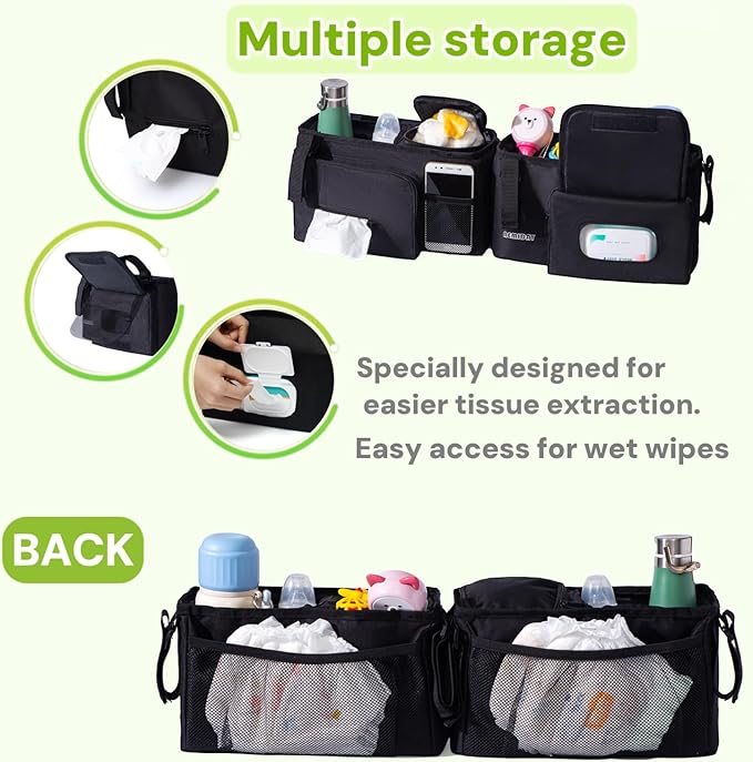 Double Stroller Organizer Compatible with BOB Duallie and Baby Jogger City Mini GT2 Double Stroller, Double Baby Stroller Accessories with 2 Cooler Pockets , Black(Empty Bag)