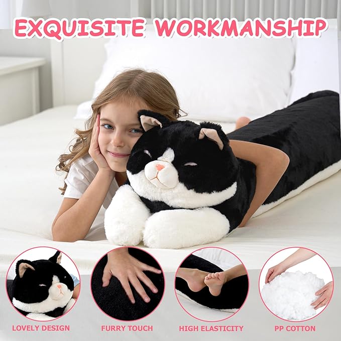 48inch Giant Cat Stuffed Animal Pillow, Cute Big Jumbo Black Cat Body Pillow Plush Toy, Large Cat Soft Fluffy Kitty Plushies Gift for Kids Boys Girls & Adult, Birthday