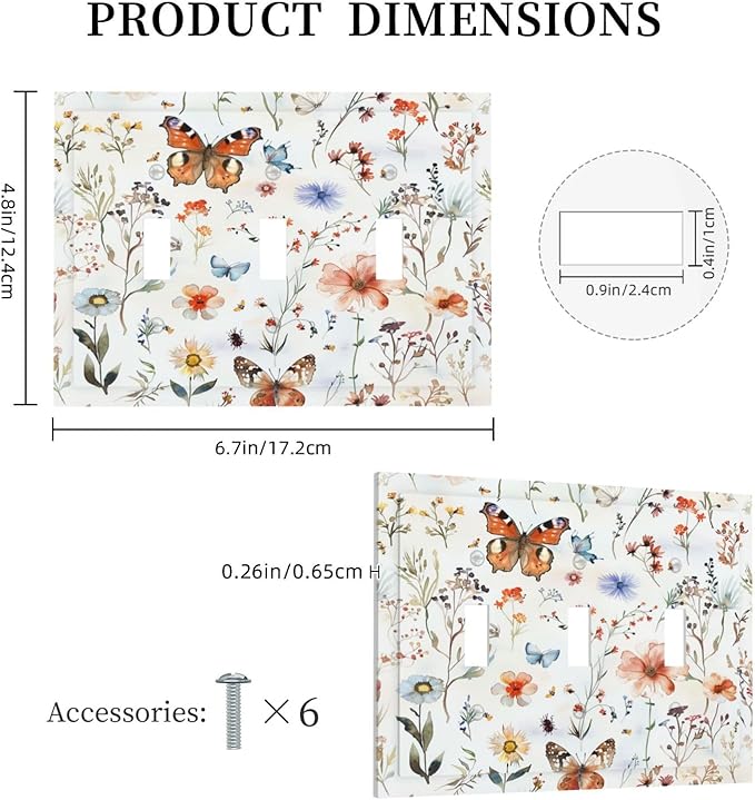 Decorative Switch Plates Butterfly Floral Boho Multicolor Flower Leave 3 Gang Wall Plate Triple Toggle Light Switch Cover Faceplate Electrical Wall Panels for Bed Room living Room Decor