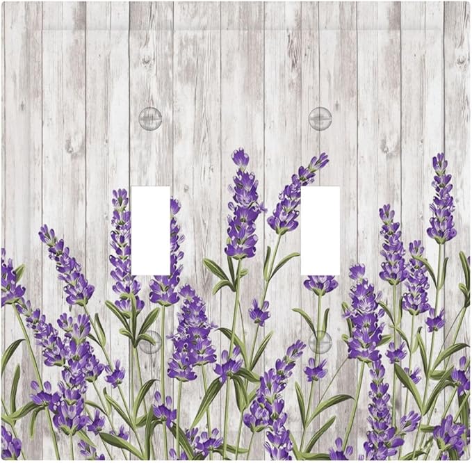 Purple Lavender Rustic Wooden Flowers Floral Plant Decorative Switch Plates 2 Gang Double Toggle Outlet Light Switch Cover Wall Plate Electrical Faceplate for Farmhouse Living Room Decor