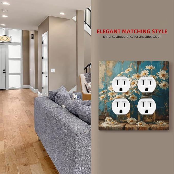 Delicate White Daisy Jars Retro Wood Background Outlet Covers 2 Gang Double Duplex Decorative Light Switch Covers Electrical Wallplates Socket Faceplate for Farmhouse Home Decor