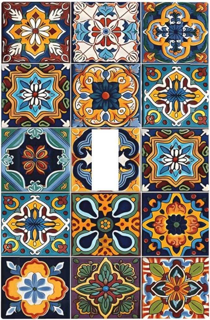 Mexican Talavera Tiles Floral Decorative Light Switch Cover 1 Gang Single Toggle Device Electrical Faceplate Switchplates Decorator Outlet Wall Plate for Bathroom Kitchen Decor