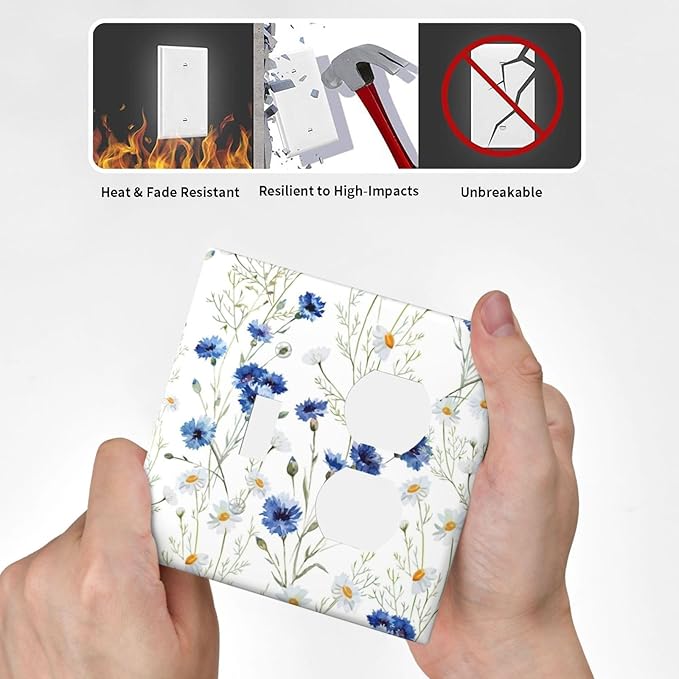 Outlet Covers Watercolor Daisy Blue Floral Vintage Plant 2 Gang Decorative Switch Plates 1 Toggle Duplex Combo Light Switch Cover GFCI Socket Cover WallPlates for Bedroom Home Decor