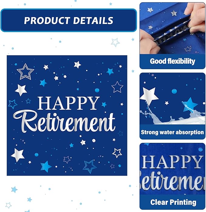 Qyeahkj 48Pcs Happy Retirement Paper Plates and Napkins Retirement Party Decoration Farewell Party Supplies Blue Silver Disposable Paper Dessert Tableware Set for Women Men Leaving Graduation Serve 25