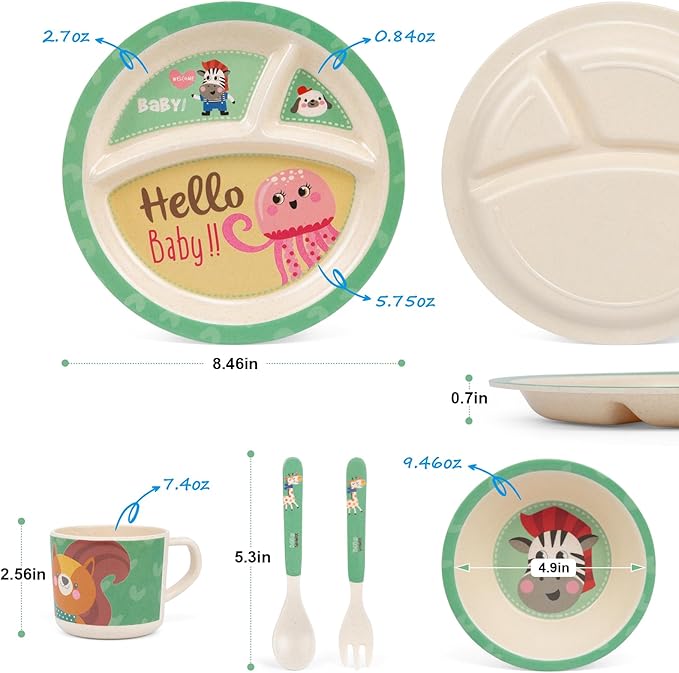 Kids Dinnerware Set, 5-Piece Mealtime Tableware for Children & Toddlers – Includes Divided Plate, Bowl, Cup, Fork & Spoon – Natural Bamboo Fiber, BPA-Free, Dishwasher Safe (Zebra)