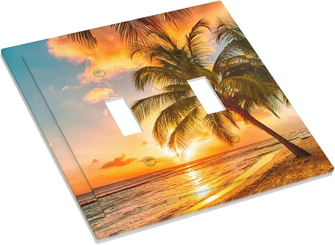 Light Switch Cover Sunset Beach Palm Tree Seascape 2 Gang Wall Plate Double Light Switch Plate Tropical scenery Toggle Decorative Outlet Covers Electrical Switchplate for Bathroom Home Decor