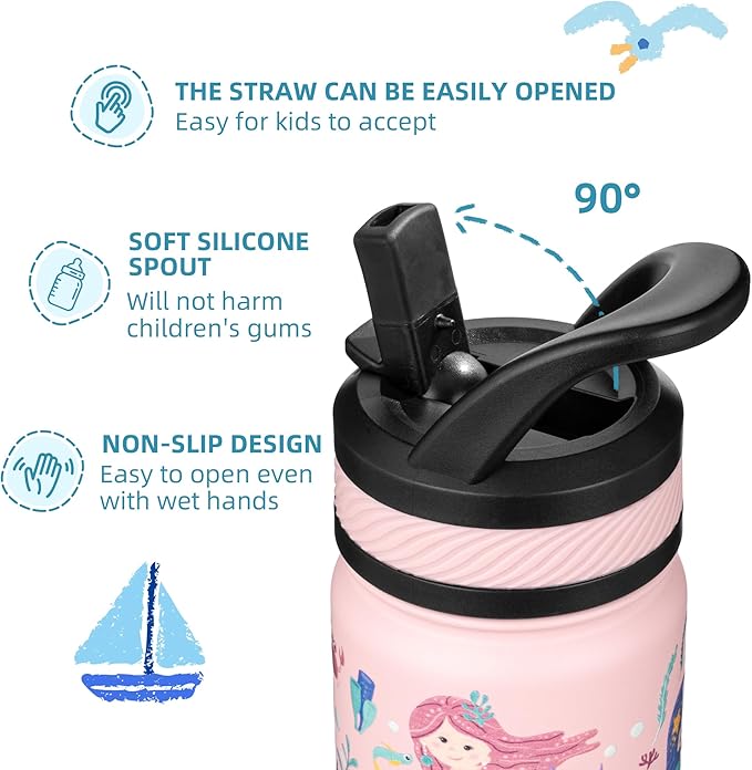 Fanhaw 14 Oz Kids Insulated Water Bottle with Straw - Stainless Steel Double Wall Vacuum Cup, Leakproof, BPA Free, Suitable for Boys and Girls(Pink - Sweat Mermaids)