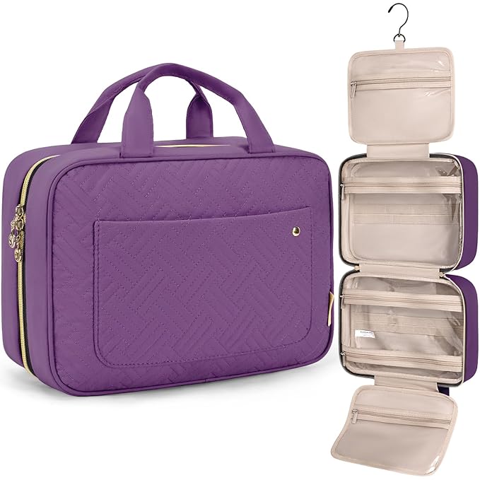 BAGSMART Toiletry Bag Travel Bag with Hanging Hook, Water-resistant Makeup Cosmetic Bag Travel Organizer for Accessories, Shampoo, Full Sized Container, Toiletries (Purple, Large)