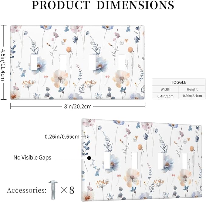 Wildflowers Plant Leaves Floral Berry Light Switch Covers Quad Toggle Electrical Faceplate 4 Gang Wall Plate Decorative Switch Plates for Bed Room Living Room Decor