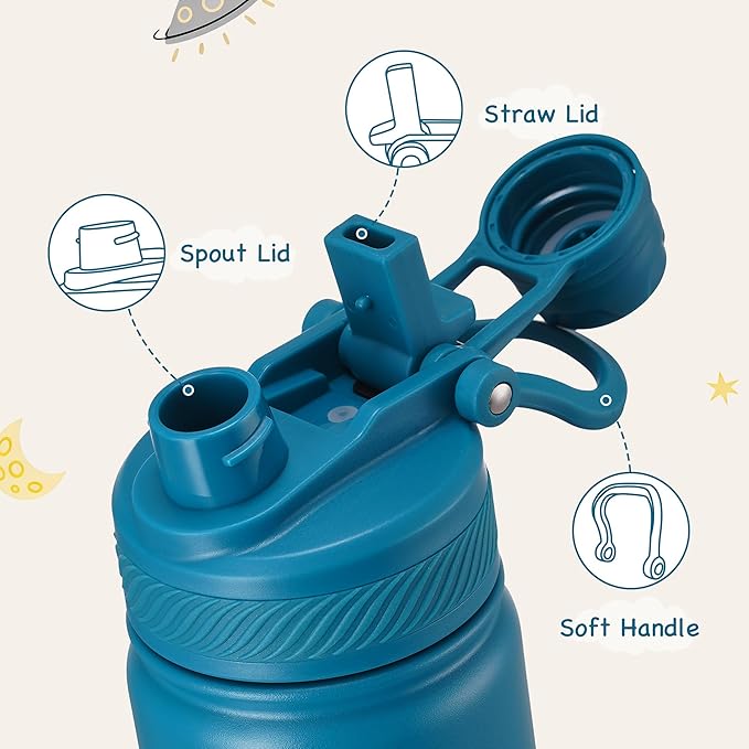 Fijinhom 12 oz Kids Water Bottle, 2-in-1 Stainless Steel Vacuum Insulated Water Bottle for Toddler, Leak Proof Spout & Straw, Double Wall Thermal Flask for Boys&Girls, School, Outdoor, Travel (Blue)