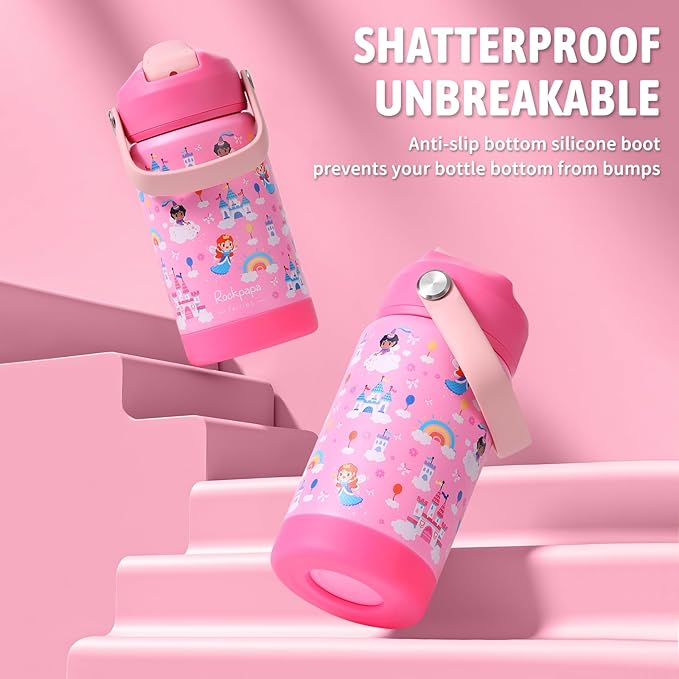 rockpapa 14 oz Kids Insulated Water Bottle，Stainless Steel Toddler Cups with Straws, BPA Free, Leak-Proof, Kids Water Bottle for School Boys& Girls (Pink Fairies)