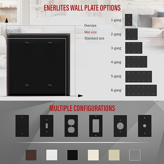 ENERLITES Double Blank Device Wall Plate, Gloss Finish, Mid-Size 2-Gang 4.88" x 4.92", Unbreakable Polycarbonate Thermoplastic, UL Listed, 8802M-BK, Black