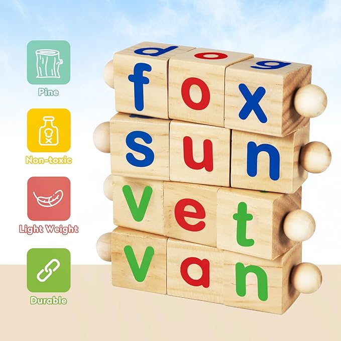 ShyLizard Montessori Learning and Educational Toys Gifts for Kids 3 4 5 Years, Wooden Reading Blocks Toys, Learning Activities for Preschool Kindergarten, Turning Rotating Matching Flash Card Games