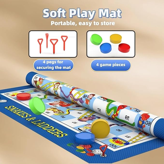 Giant Snakes and Ladders Floor Game for Kids - 5.8 ft Extra-Large Indoor Outdoor Mat with Game Pieces & Inflatable Dice, Family Night Board Game Set, Birthday Toy for 3+ Year Old Boys and Girls